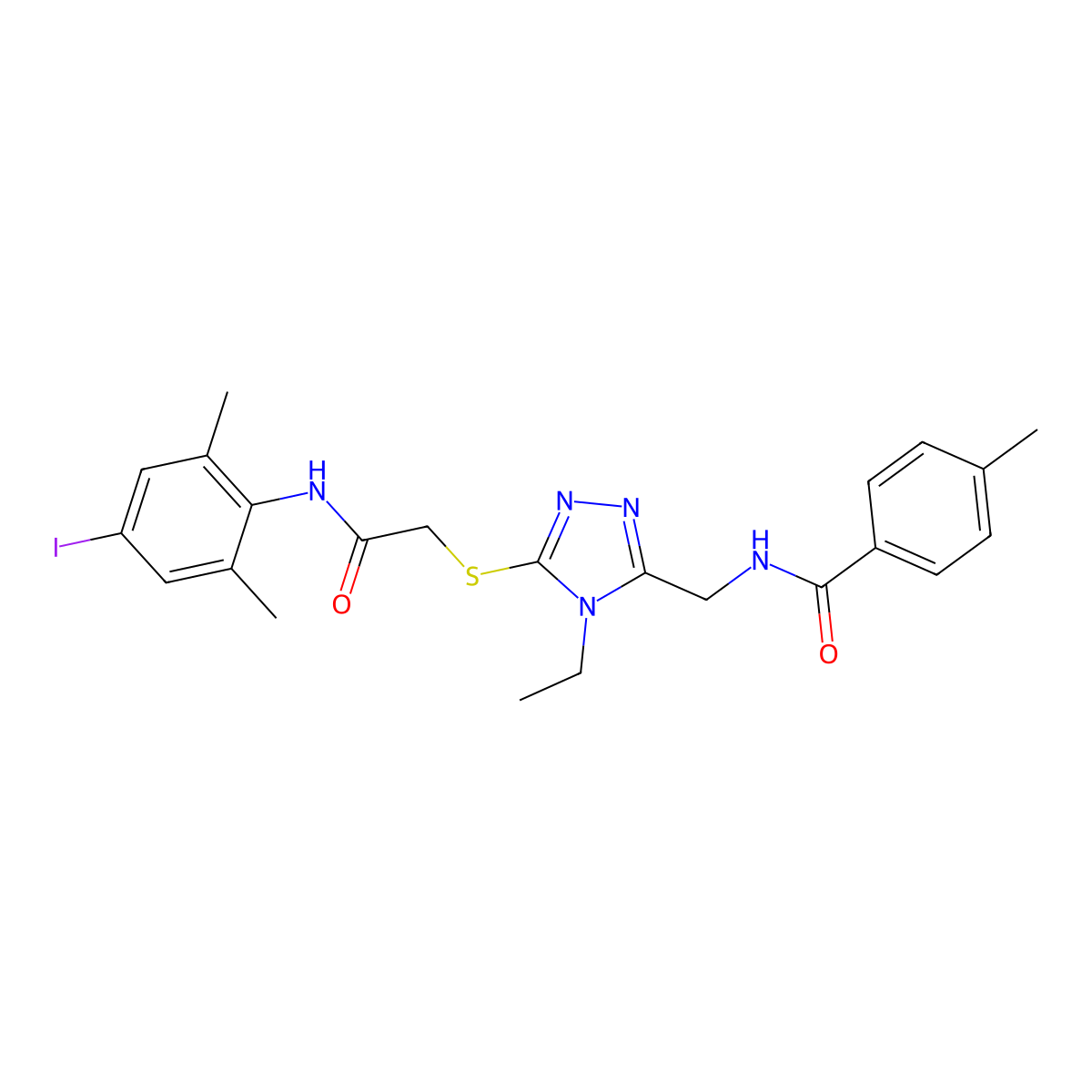 N-[[4-ethyl-5-[2-(4-iodo-2,6-dimethylanilino)-2-oxoethyl]sulfanyl-1,2,4-triazol-3-yl]methyl]-4-methylbenzamide molecular structure, CAS 681005-51-6