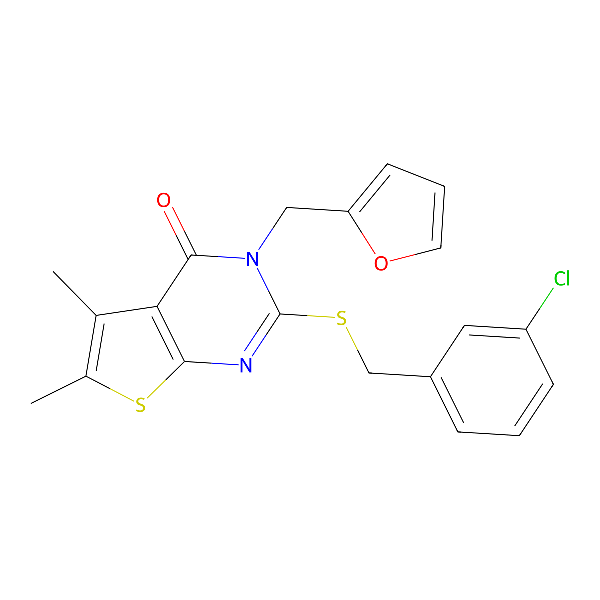 2-[(3-chlorobenzyl)sulfanyl]-3-(furan-2-ylmethyl)-5,6-dimethylthieno[2,3-d]pyrimidin-4(3H)-one molecular structure, CAS 681005-93-6