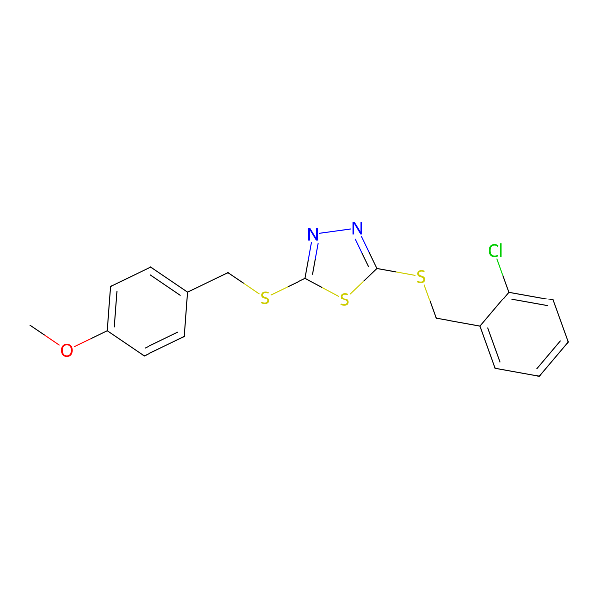4-(((5-((2-Chlorobenzyl)thio)-1,3,4-thiadiazol-2-YL)thio)ME)phenyl methyl ether molecular structure, CAS 681006-56-4