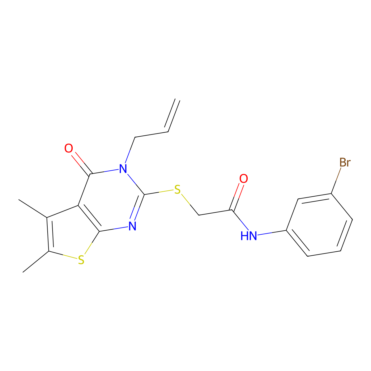 2-(5,6-dimethyl-4-oxo-3-prop-2-enyl(3-hydrothiopheno[2,3-d]pyrimidin-2-ylthio))-N-(3-bromophenyl)acetamide molecular structure, CAS 681007-46-5