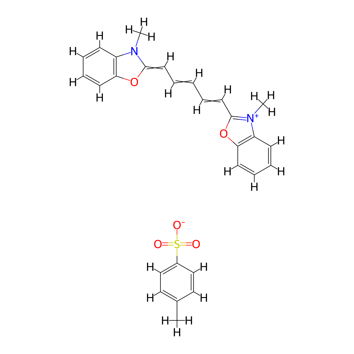 Benzoxazolium, 3-methyl-2-(5-(3-methyl-2(3H)-benzoxazolylidene)-1,3-pentadien-1-yl)-, 4-methylbenzenesulfonate (1:1) molecular structure, CAS 68109-70-6