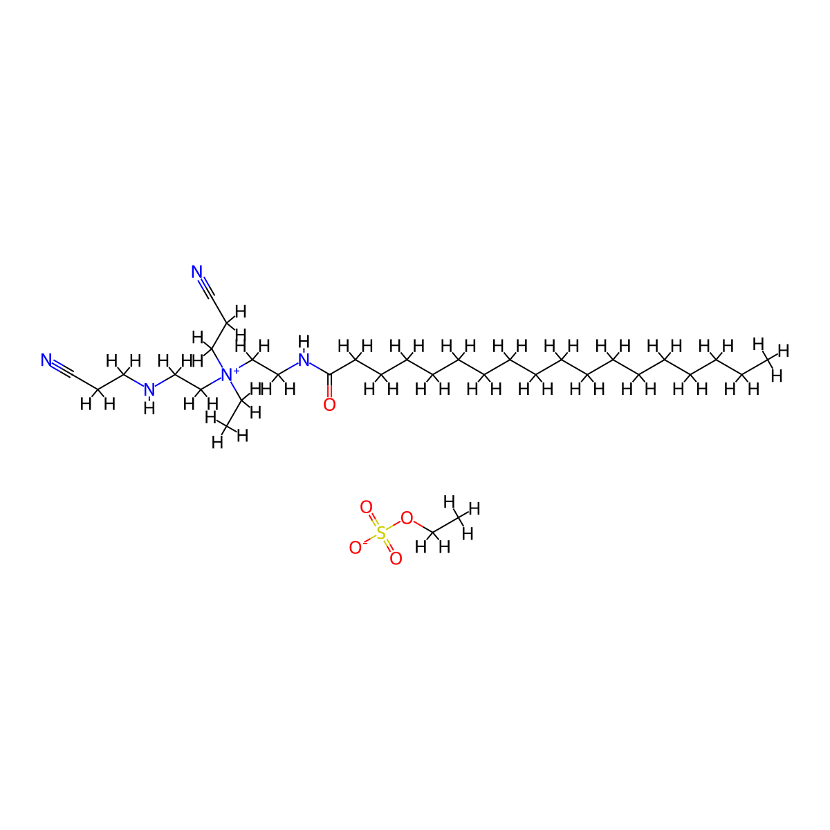 Ethanaminium, 2-cyano-N-[2-[(2-cyanoethyl)amino]ethyl]-N-ethyl-N-[2-[(1-oxooctadecyl)amino]ethyl]-, ethyl sulfate (1:1) molecular structure, CAS 68109-98-8
