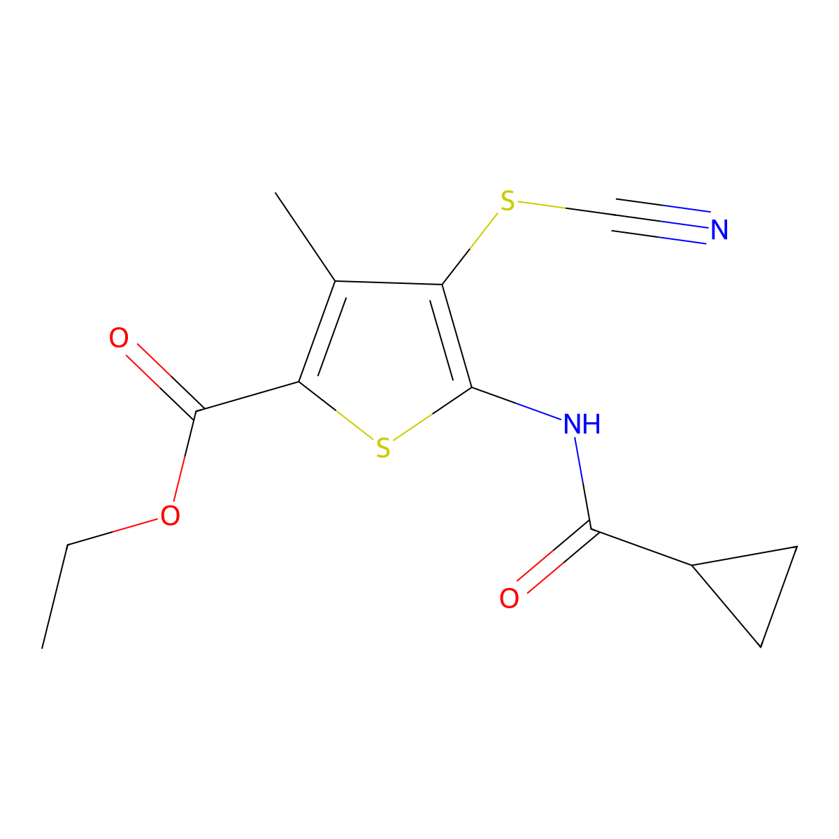 Ethyl 5-(cyclopropanecarboxamido)-3-methyl-4-thiocyanatothiophene-2-carboxylate molecular structure, CAS 681155-72-6