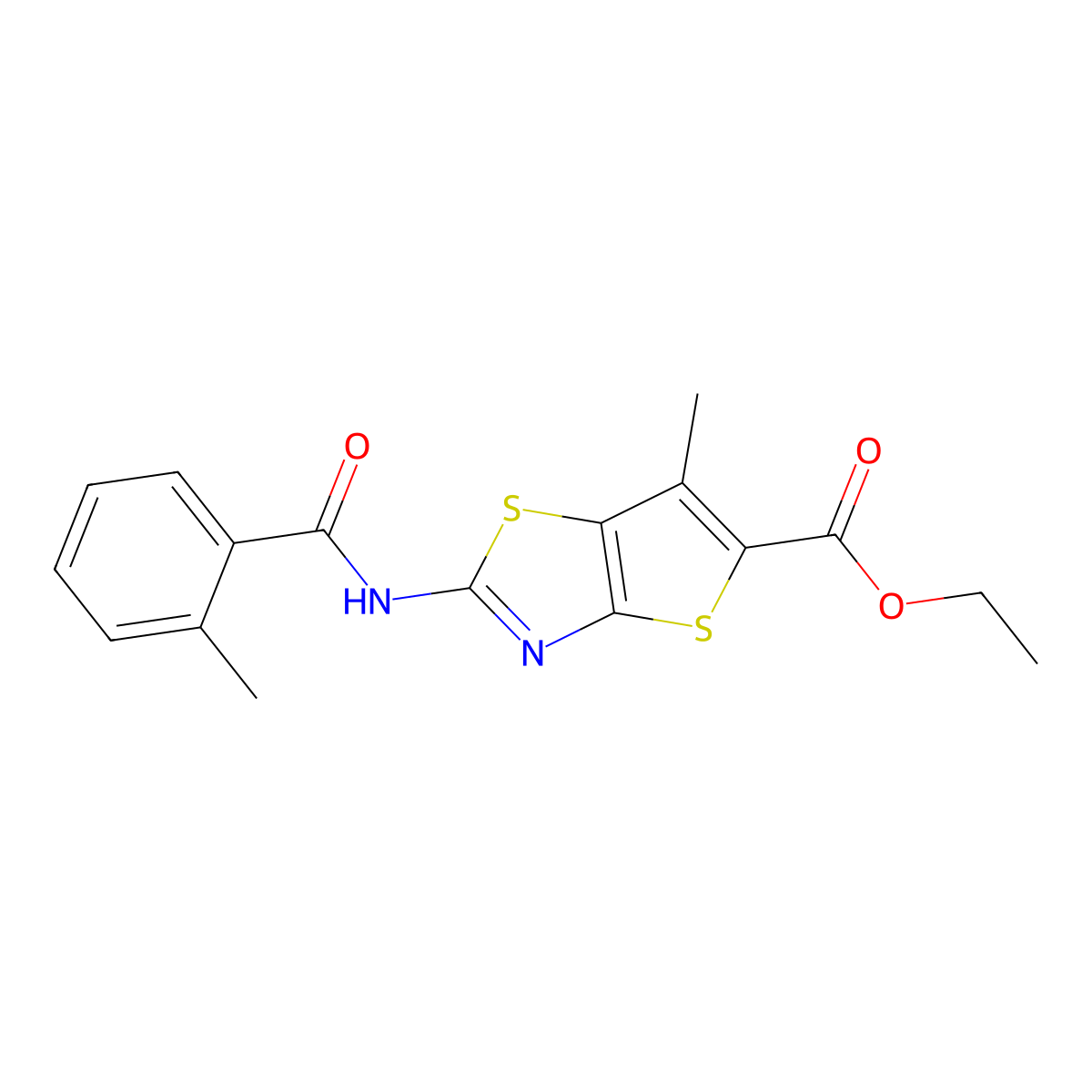 Ethyl 6-methyl-2-(2-methylbenzamido)thieno[2,3-d]thiazole-5-carboxylate molecular structure, CAS 681156-41-2