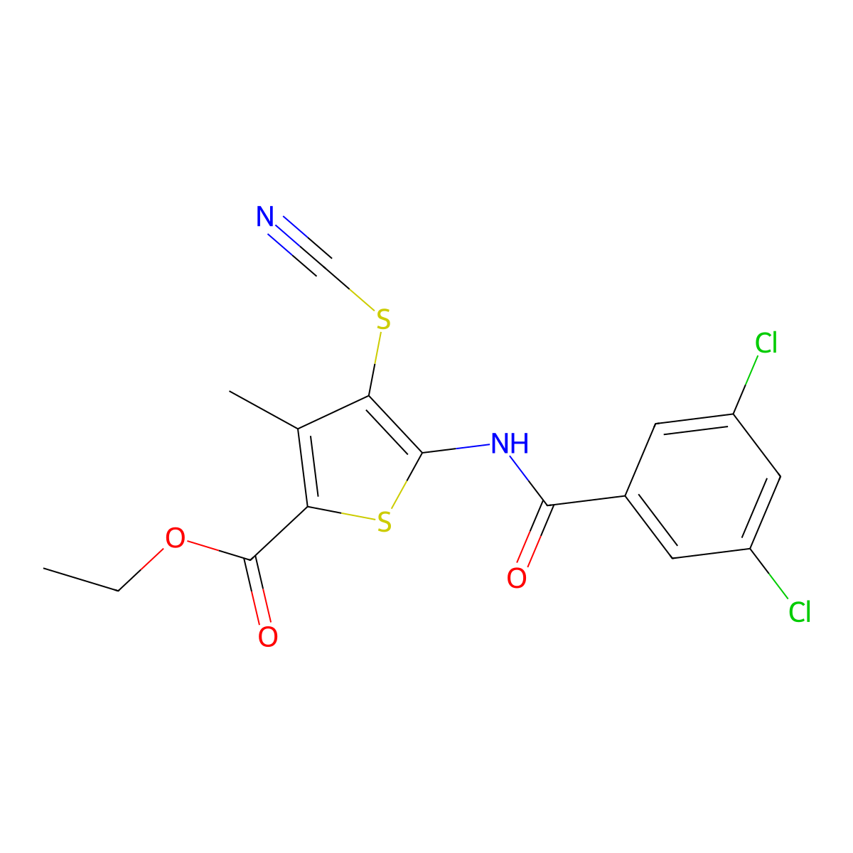Ethyl 5-(3,5-dichlorobenzamido)-3-methyl-4-thiocyanatothiophene-2-carboxylate molecular structure, CAS 681157-78-8