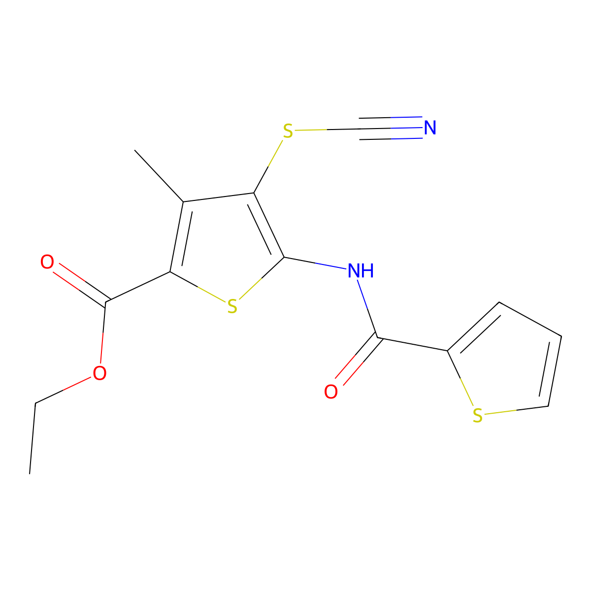 Ethyl 3-methyl-4-thiocyanato-5-(thiophene-2-carboxamido)thiophene-2-carboxylate molecular structure, CAS 681157-90-4