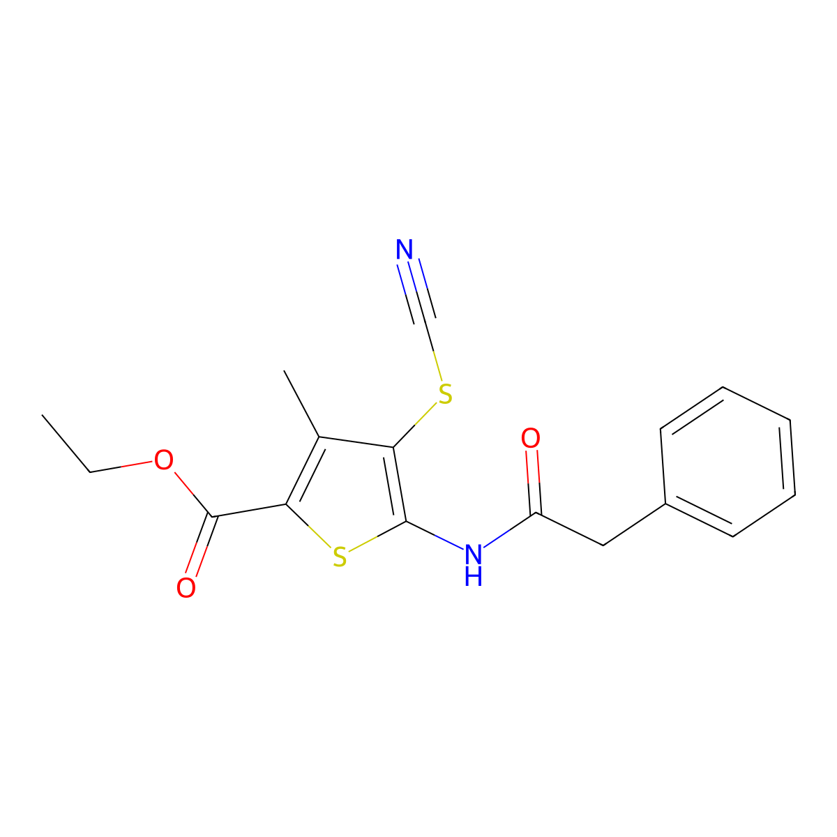 Ethyl 3-methyl-5-(2-phenylacetamido)-4-thiocyanatothiophene-2-carboxylate molecular structure, CAS 681158-29-2
