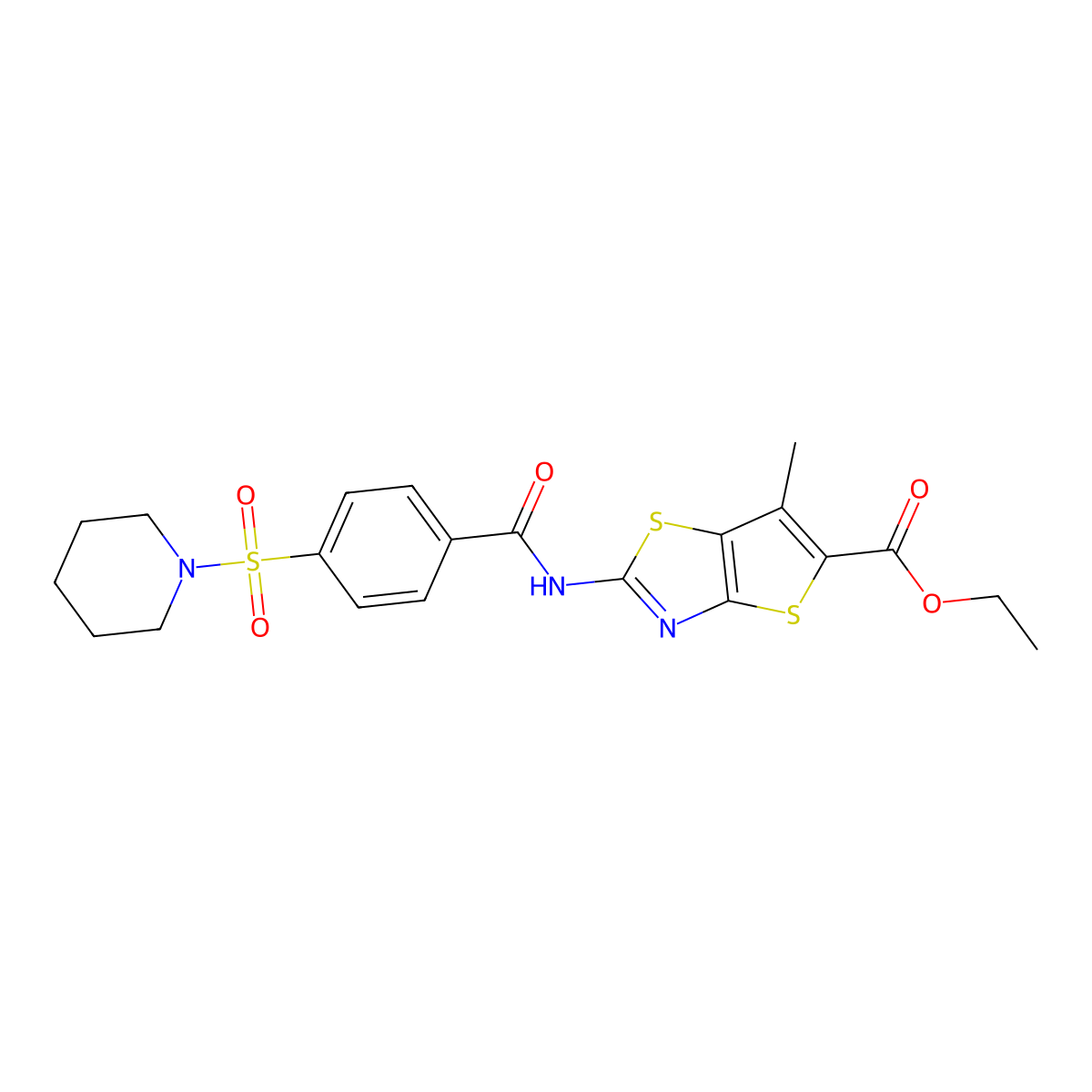 Ethyl 6-methyl-2-(4-(piperidin-1-ylsulfonyl)benzamido)thieno[2,3-d]thiazole-5-carboxylate molecular structure, CAS 681158-52-1