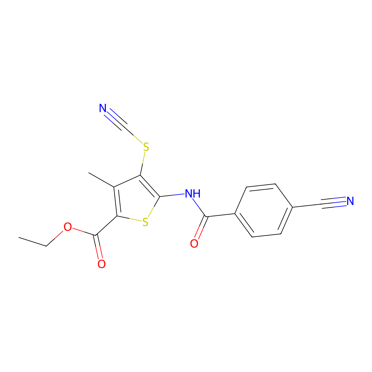 Ethyl 5-(4-cyanobenzamido)-3-methyl-4-thiocyanatothiophene-2-carboxylate molecular structure, CAS 681159-00-2