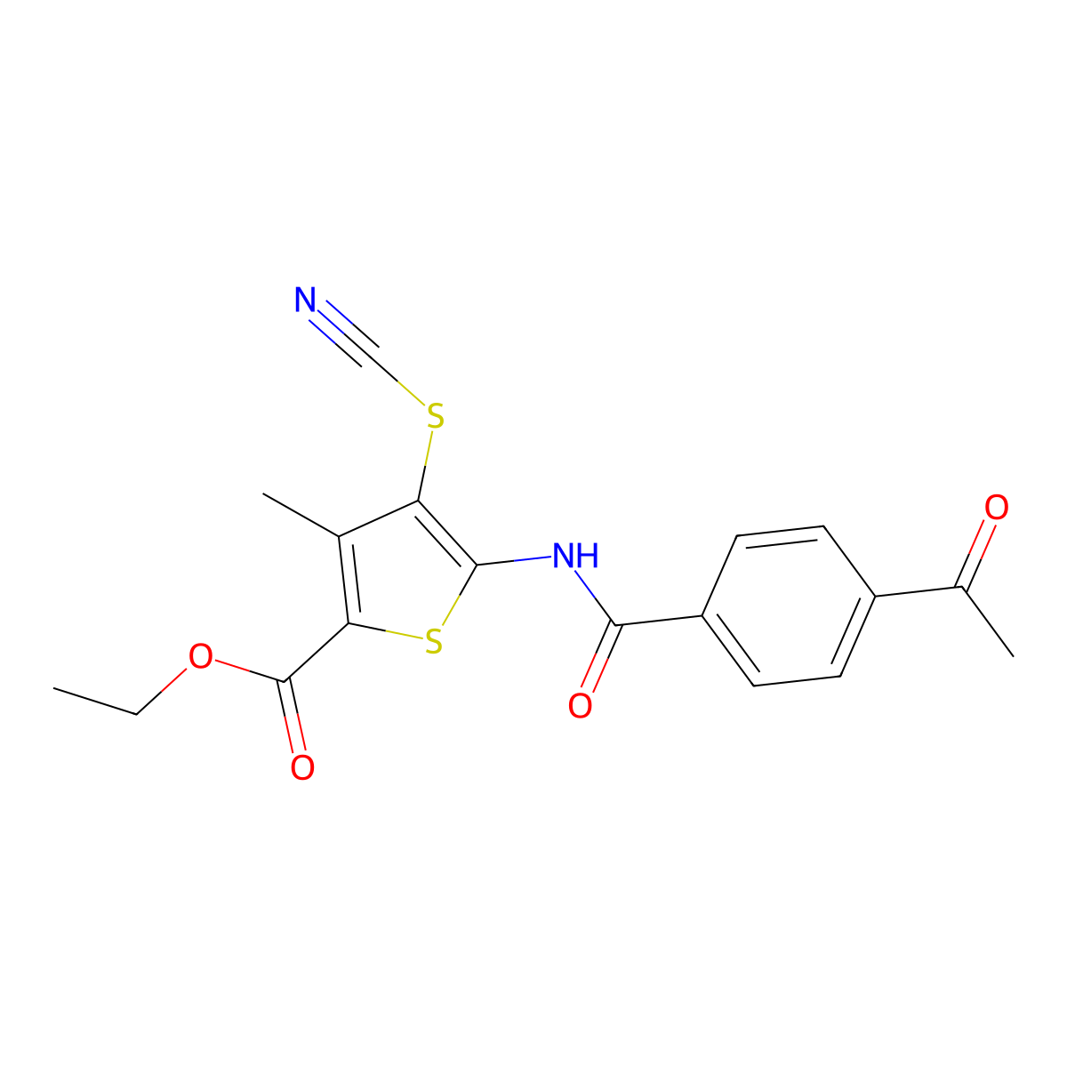 Ethyl 5-(4-acetylbenzamido)-3-methyl-4-thiocyanatothiophene-2-carboxylate molecular structure, CAS 681159-07-9
