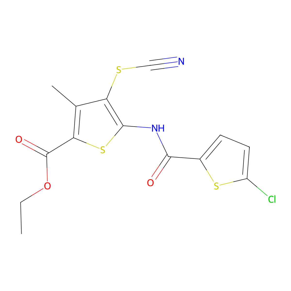 Ethyl 5-(5-chlorothiophene-2-carboxamido)-3-methyl-4-thiocyanatothiophene-2-carboxylate molecular structure, CAS 681159-95-5