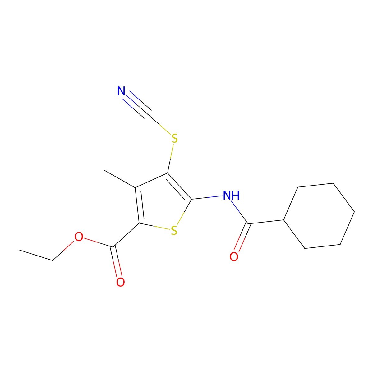 Ethyl 5-(cyclohexanecarboxamido)-3-methyl-4-thiocyanatothiophene-2-carboxylate molecular structure, CAS 681161-96-6