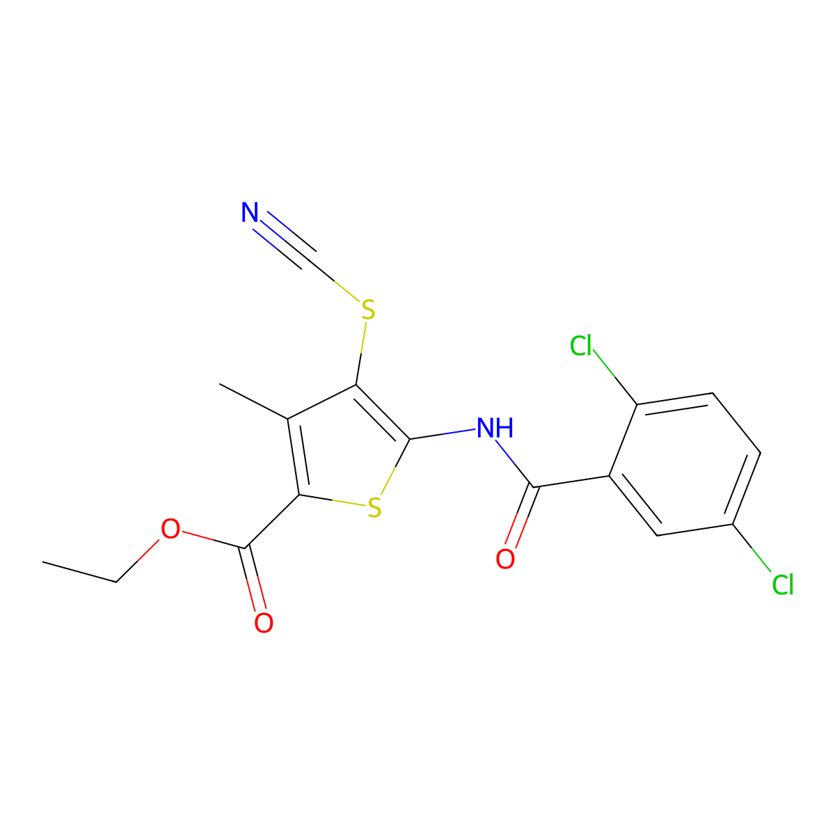 Ethyl 5-(2,5-dichlorobenzamido)-3-methyl-4-thiocyanatothiophene-2-carboxylate molecular structure, CAS 681162-10-7
