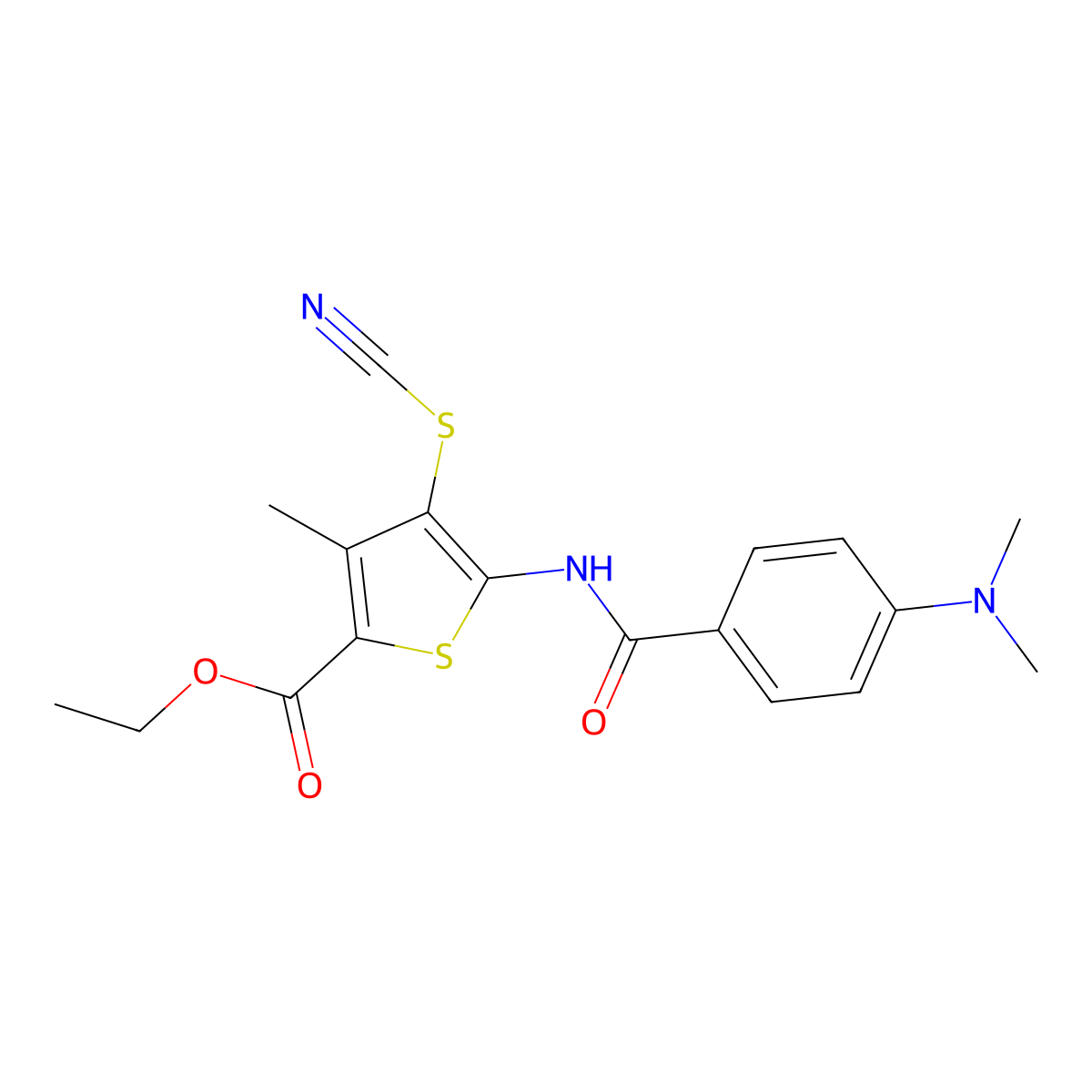 Ethyl 5-(4-(dimethylamino)benzamido)-3-methyl-4-thiocyanatothiophene-2-carboxylate molecular structure, CAS 681162-74-3