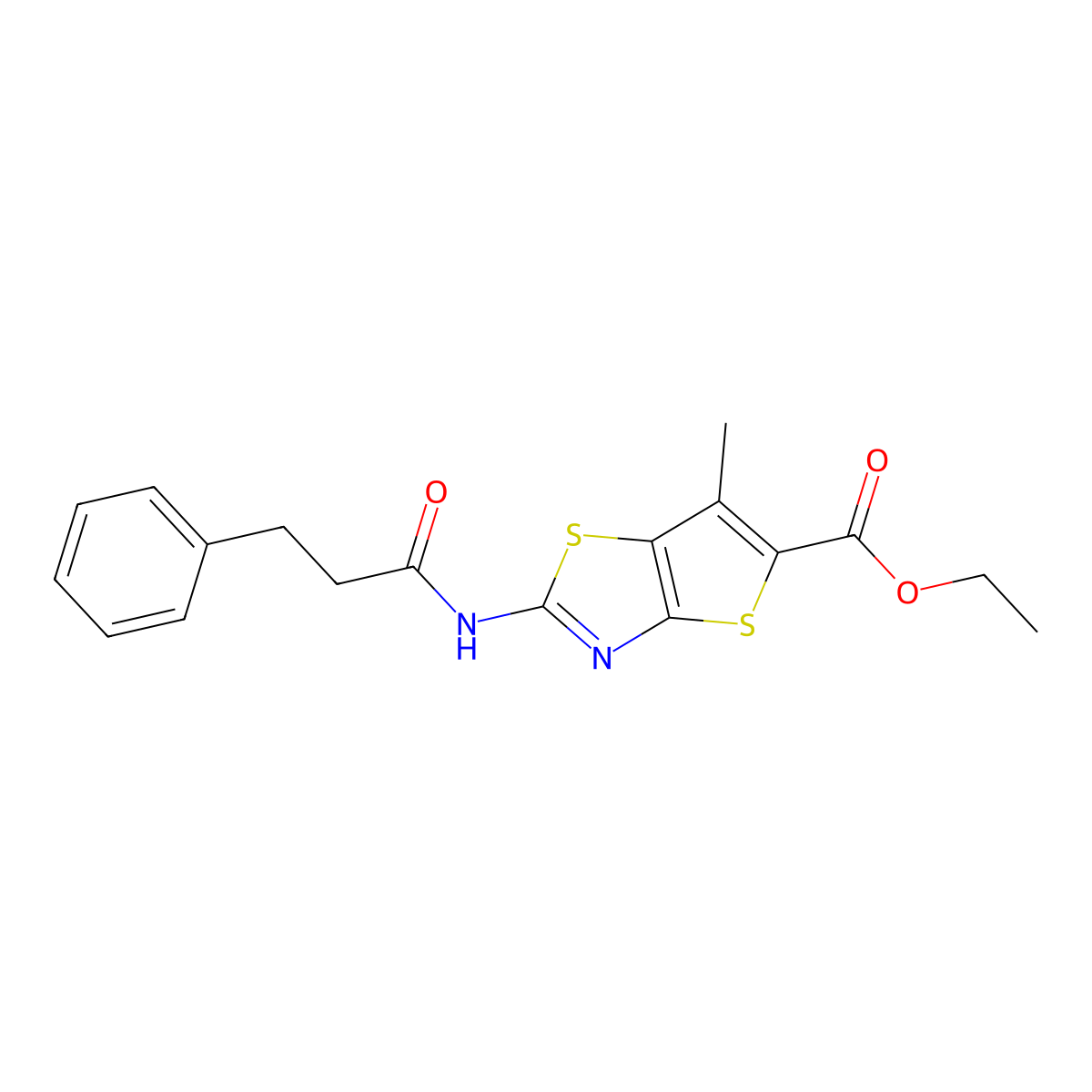Ethyl 6-methyl-2-(3-phenylpropanamido)thieno[2,3-d]thiazole-5-carboxylate molecular structure, CAS 681163-39-3