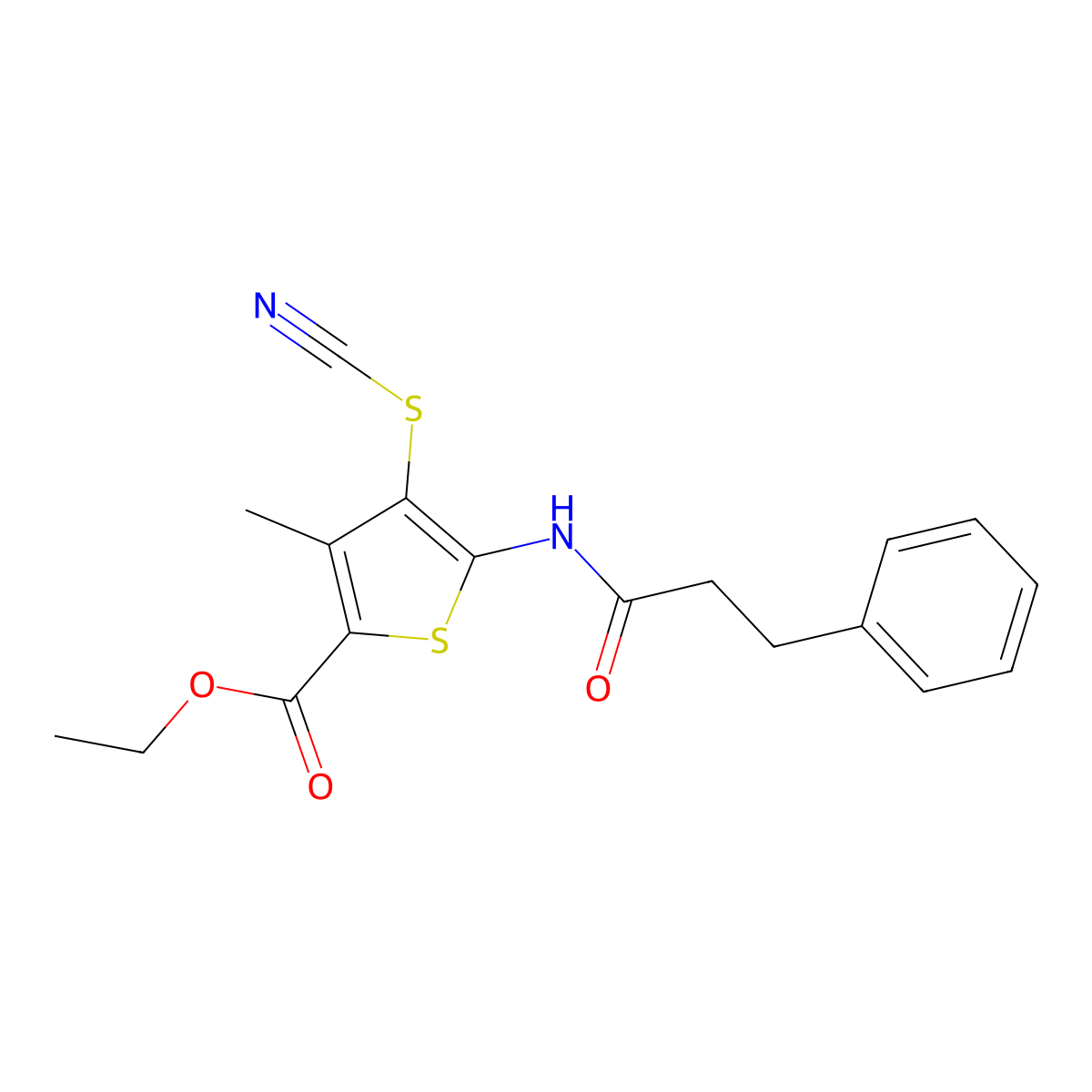 Ethyl 3-methyl-5-(3-phenylpropanamido)-4-thiocyanatothiophene-2-carboxylate molecular structure, CAS 681163-42-8