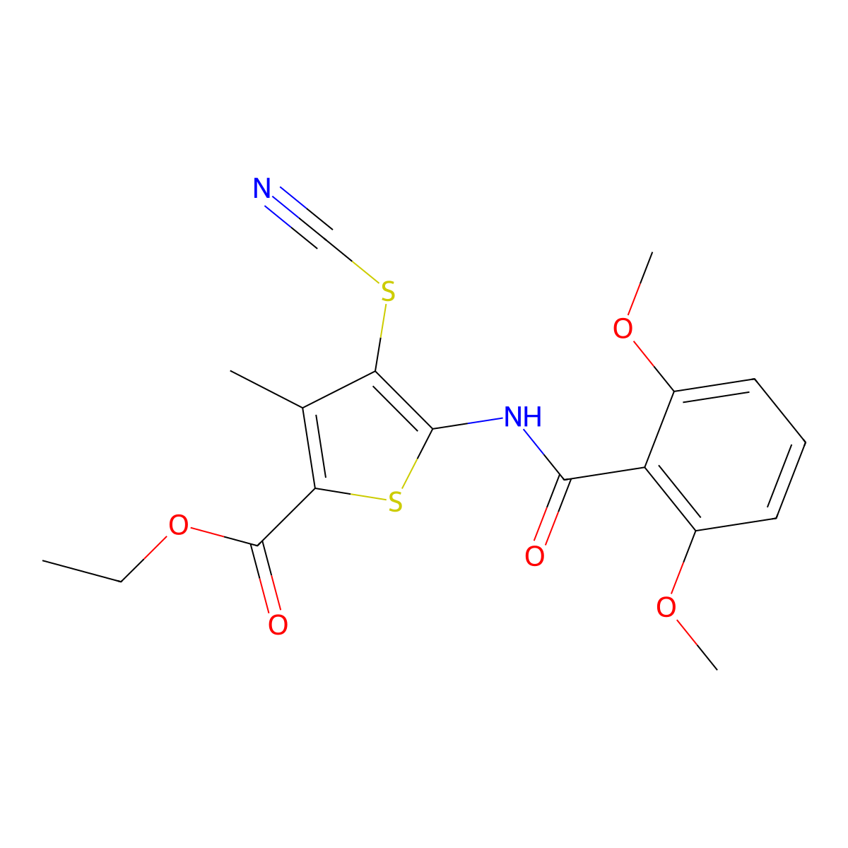 Ethyl 5-(2,6-dimethoxybenzamido)-3-methyl-4-thiocyanatothiophene-2-carboxylate molecular structure, CAS 681164-04-5
