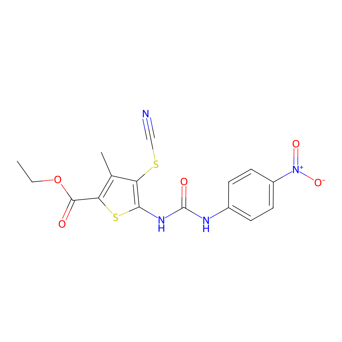 Ethyl 3-methyl-5-[(4-nitrophenyl)carbamoylamino]-4-thiocyanatothiophene-2-carboxylate molecular structure, CAS 681165-94-6