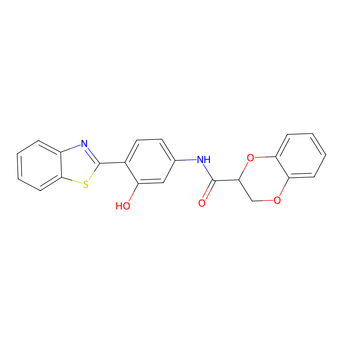 N-(4-(benzo[d]thiazol-2-yl)-3-hydroxyphenyl)-2,3-dihydrobenzo[b][1,4]dioxine-2-carboxamide molecular structure, CAS 681167-55-5