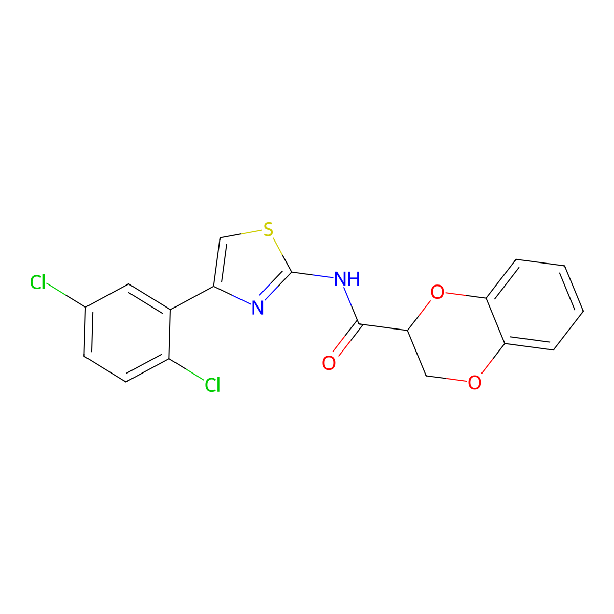 N-(4-(2,5-dichlorophenyl)thiazol-2-yl)-2,3-dihydrobenzo[b][1,4]dioxine-2-carboxamide molecular structure, CAS 681168-09-2