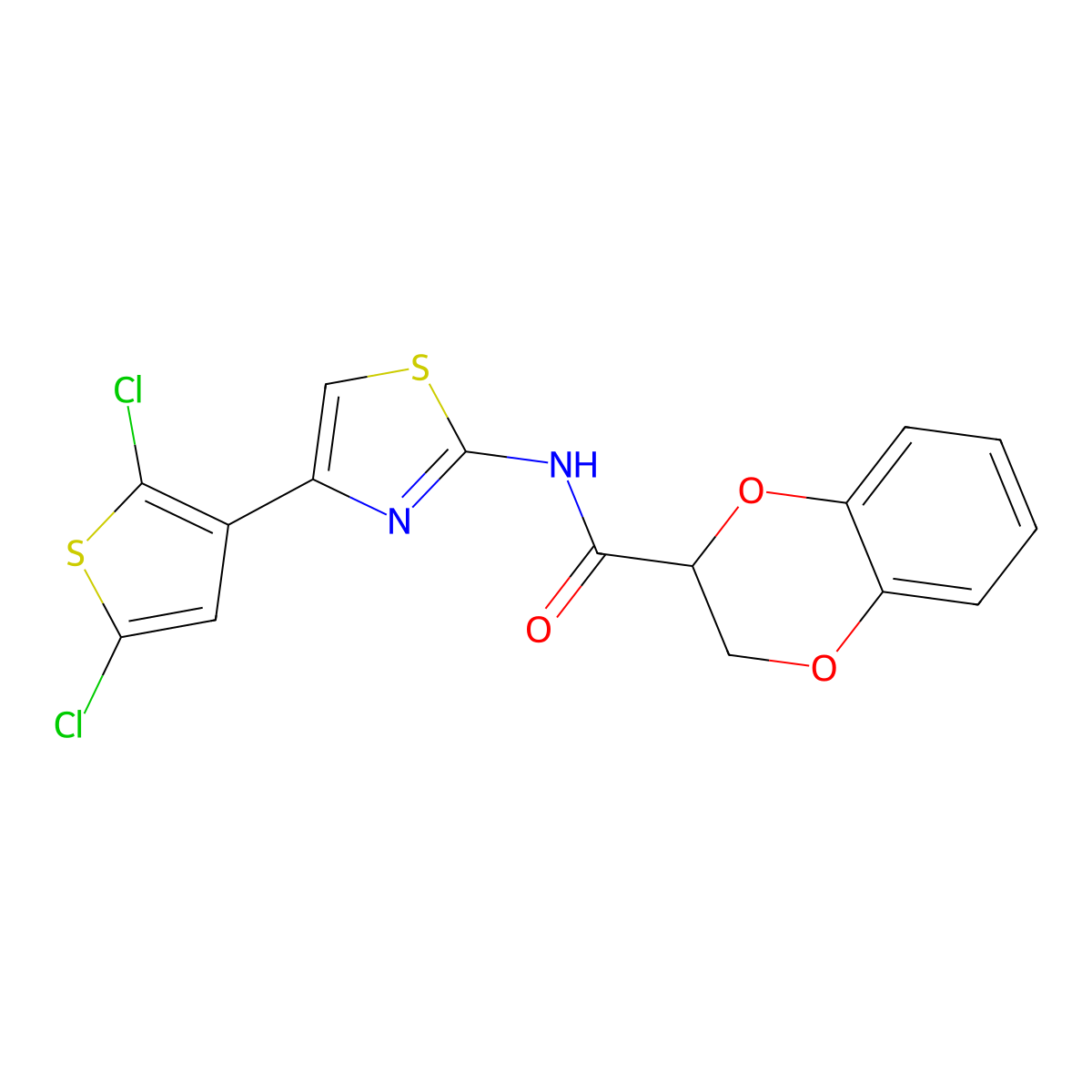 N-(4-(2,5-dichlorothiophen-3-yl)thiazol-2-yl)-2,3-dihydrobenzo[b][1,4]dioxine-2-carboxamide molecular structure, CAS 681168-56-9