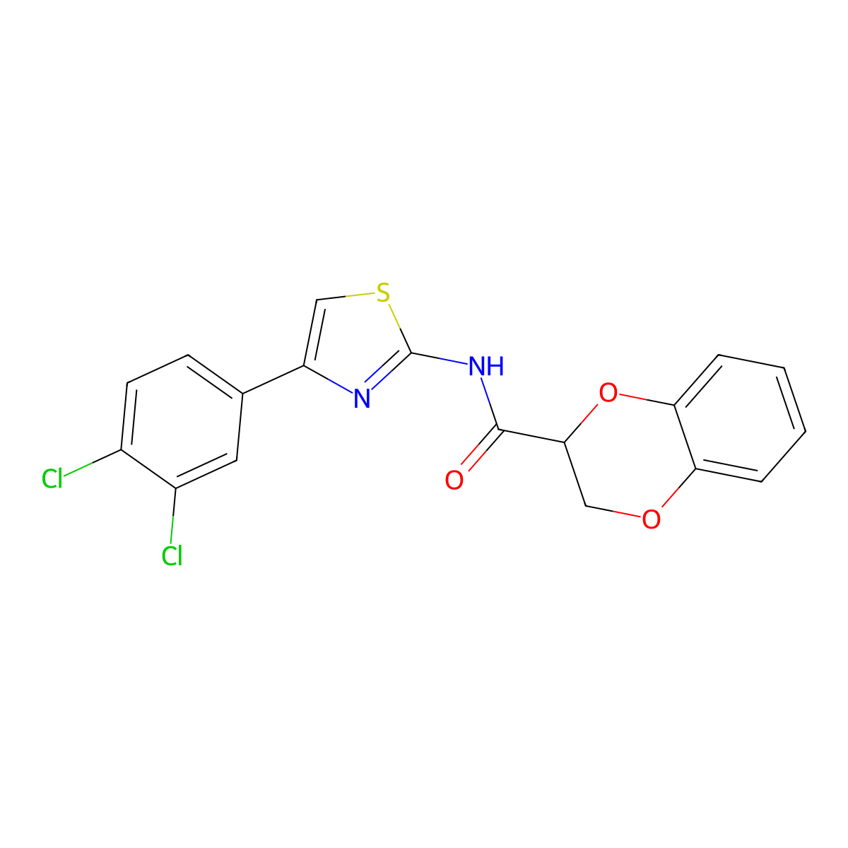 N-(4-(3,4-dichlorophenyl)thiazol-2-yl)-2,3-dihydrobenzo[b][1,4]dioxine-2-carboxamide molecular structure, CAS 681168-66-1