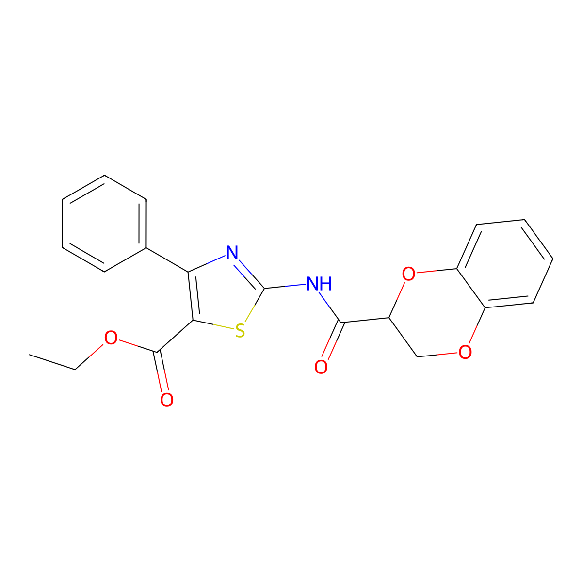Ethyl 2-(2,3-dihydrobenzo[b][1,4]dioxine-2-carboxamido)-4-phenylthiazole-5-carboxylate molecular structure, CAS 681168-69-4