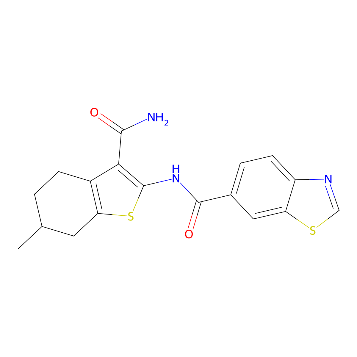 N-(3-carbamoyl-6-methyl-4,5,6,7-tetrahydro-1-benzothiophen-2-yl)-1,3-benzothiazole-6-carboxamide molecular structure, CAS 681170-36-5