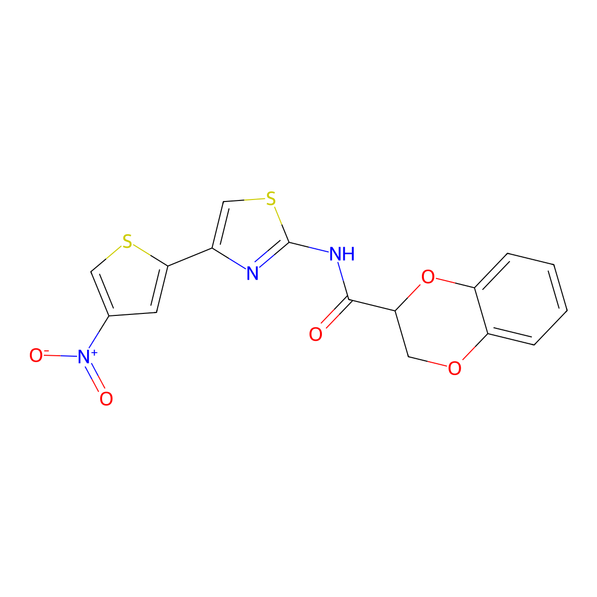 N-(4-(4-nitrothiophen-2-yl)thiazol-2-yl)-2,3-dihydrobenzo[b][1,4]dioxine-2-carboxamide molecular structure, CAS 681170-97-8