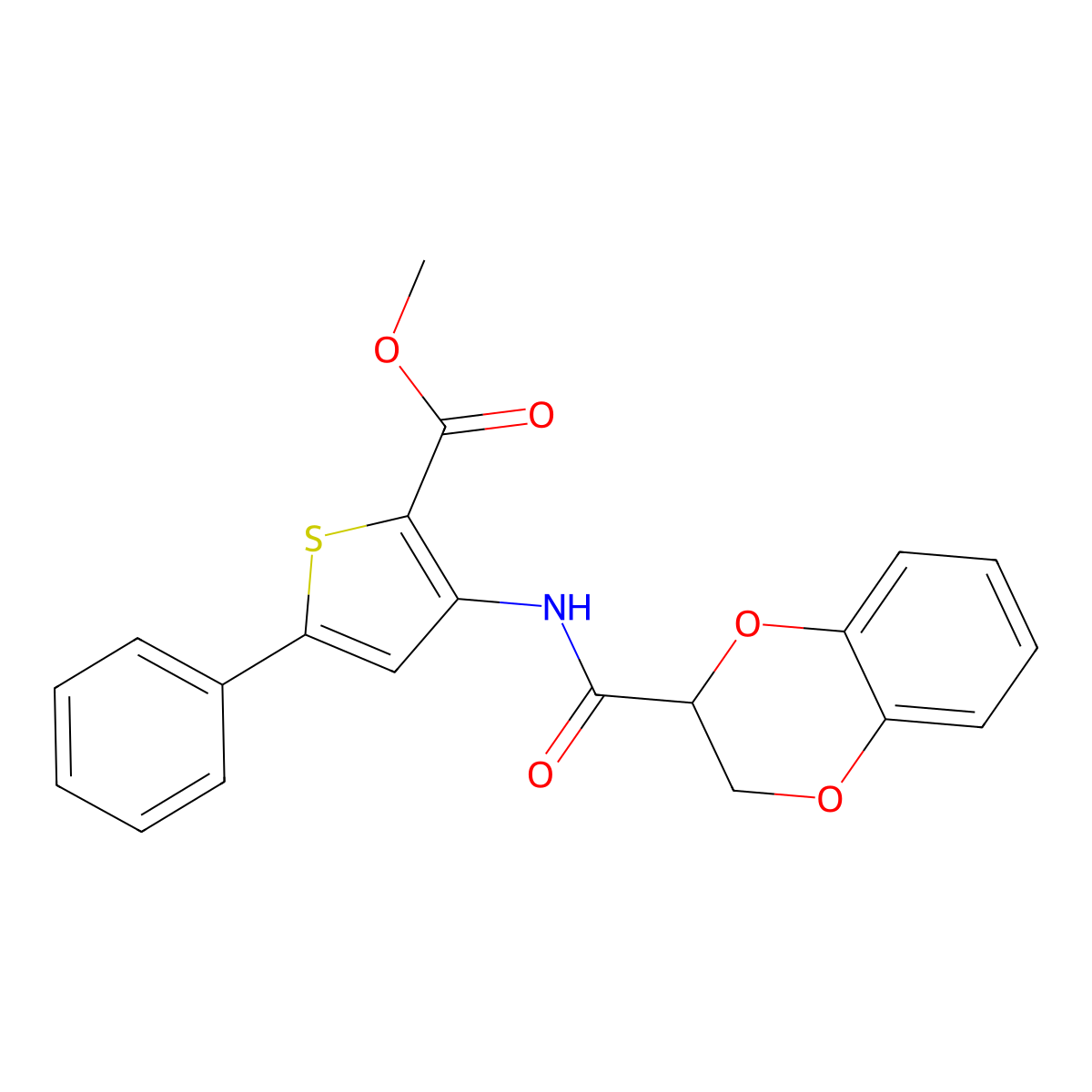 Methyl 3-(2,3-dihydrobenzo[b][1,4]dioxine-2-carboxamido)-5-phenylthiophene-2-carboxylate molecular structure, CAS 681173-98-8