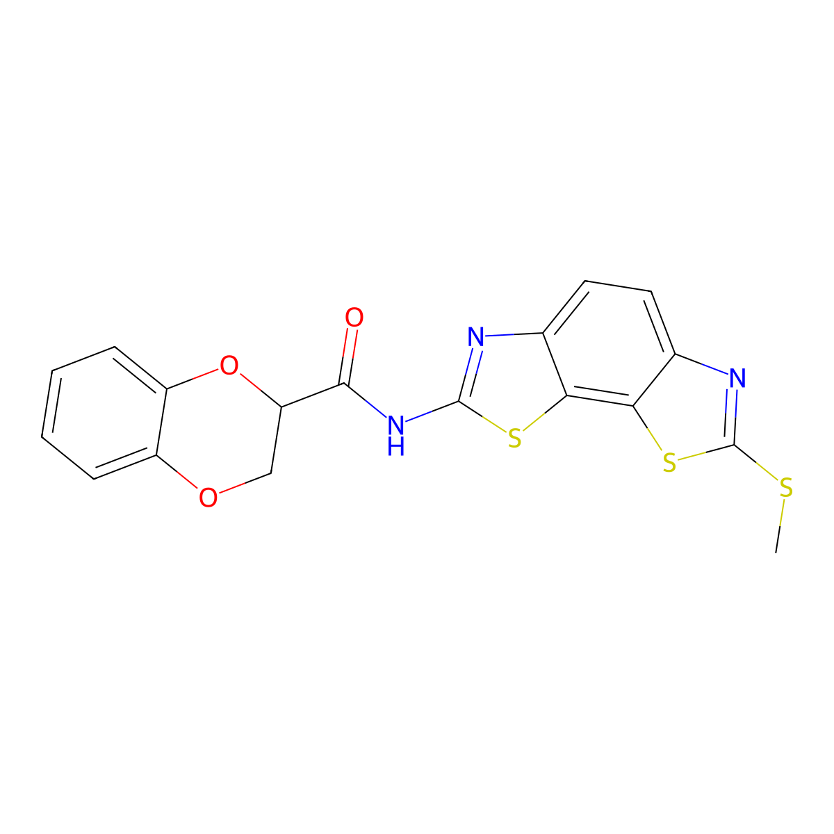 N-(2-methylsulfanyl-[1,3]thiazolo[4,5-g][1,3]benzothiazol-7-yl)-2,3-dihydro-1,4-benzodioxine-3-carboxamide molecular structure, CAS 681174-04-9
