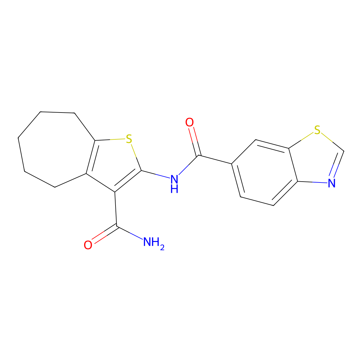 N-(3-carbamoyl-5,6,7,8-tetrahydro-4H-cyclohepta[b]thiophen-2-yl)benzo[d]thiazole-6-carboxamide molecular structure, CAS 681174-22-1
