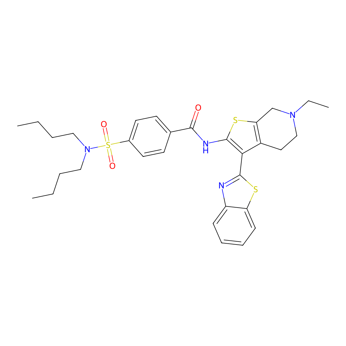 N-(3-(benzo[d]thiazol-2-yl)-6-ethyl-4,5,6,7-tetrahydrothieno[2,3-c]pyridin-2-yl)-4-(N,N-dibutylsulfamoyl)benzamide molecular structure, CAS 681177-82-2
