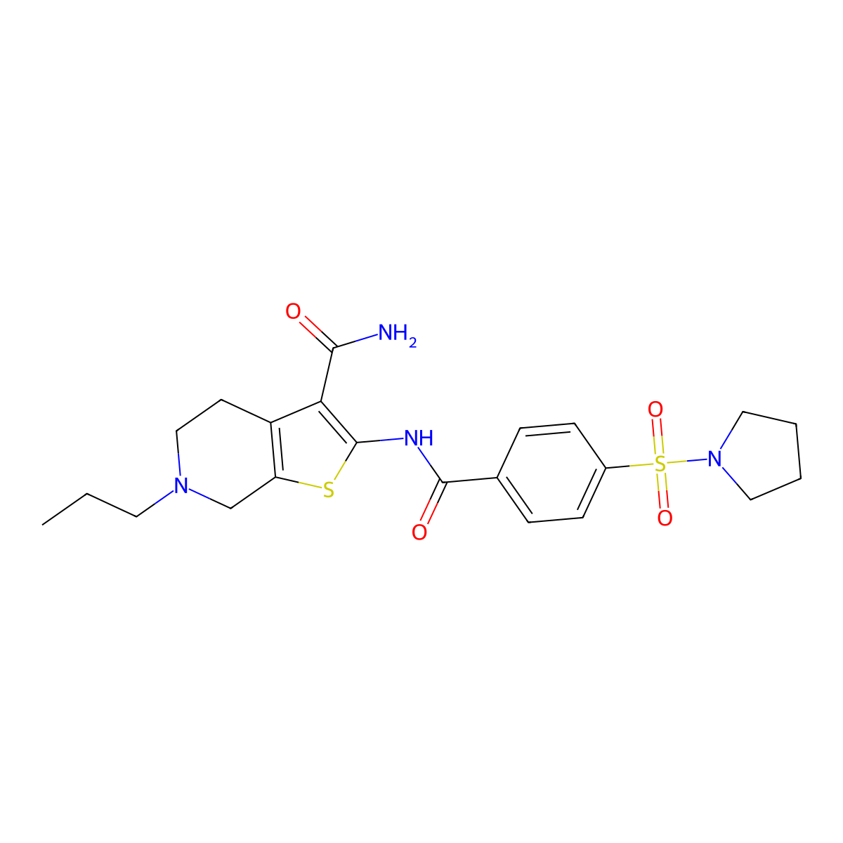 6-propyl-2-[(4-pyrrolidin-1-ylsulfonylbenzoyl)amino]-5,7-dihydro-4H-thieno[2,3-c]pyridine-3-carboxamide molecular structure, CAS 681181-52-2