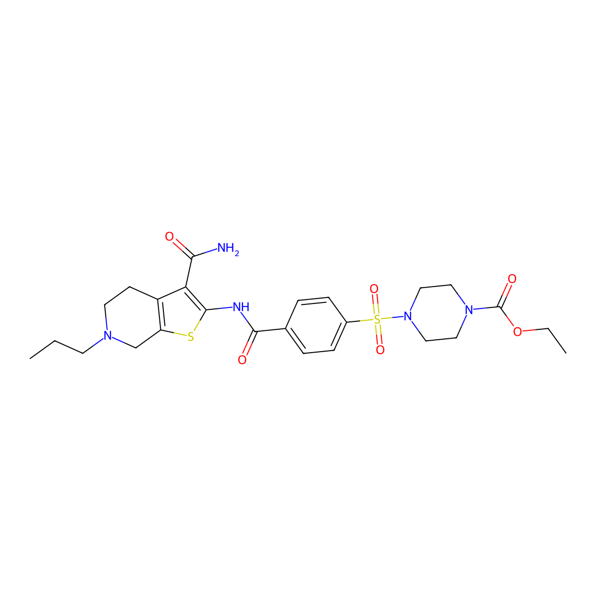 ethyl 4-[4-[(3-carbamoyl-6-propyl-5,7-dihydro-4H-thieno[2,3-c]pyridin-2-yl)carbamoyl]phenyl]sulfonylpiperazine-1-carboxylate molecular structure, CAS 681181-62-4