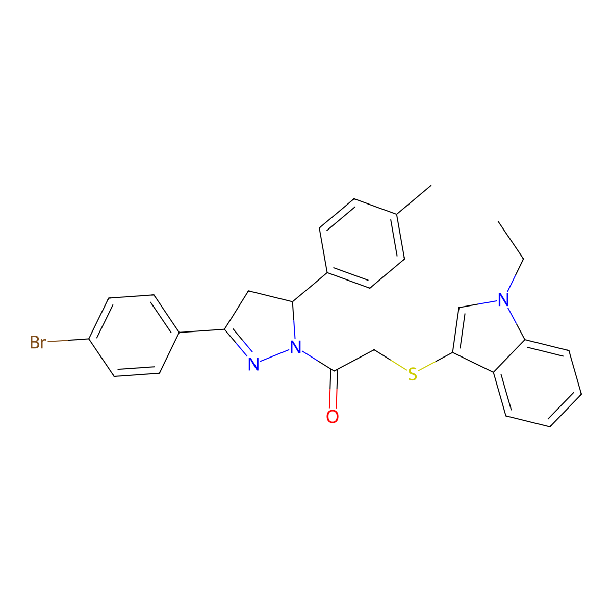 1-(3-(4-bromophenyl)-5-(p-tolyl)-4,5-dihydro-1H-pyrazol-1-yl)-2-((1-ethyl-1H-indol-3-yl)thio)ethanone molecular structure, CAS 681216-95-5