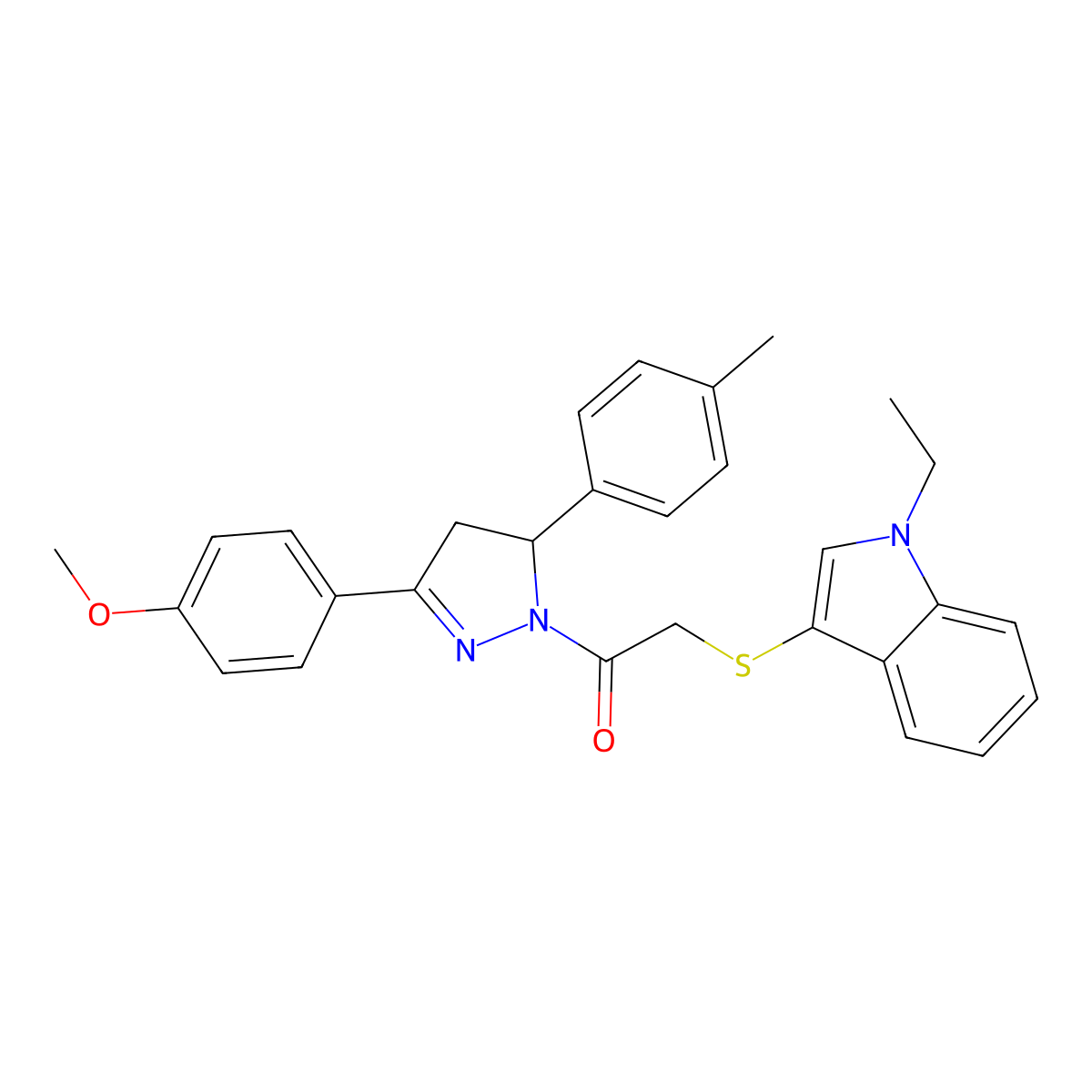 2-(1-Ethylindol-3-yl)sulfanyl-1-[5-(4-methoxyphenyl)-3-(4-methylphenyl)-3,4-dihydropyrazol-2-yl]ethanone molecular structure, CAS 681216-96-6