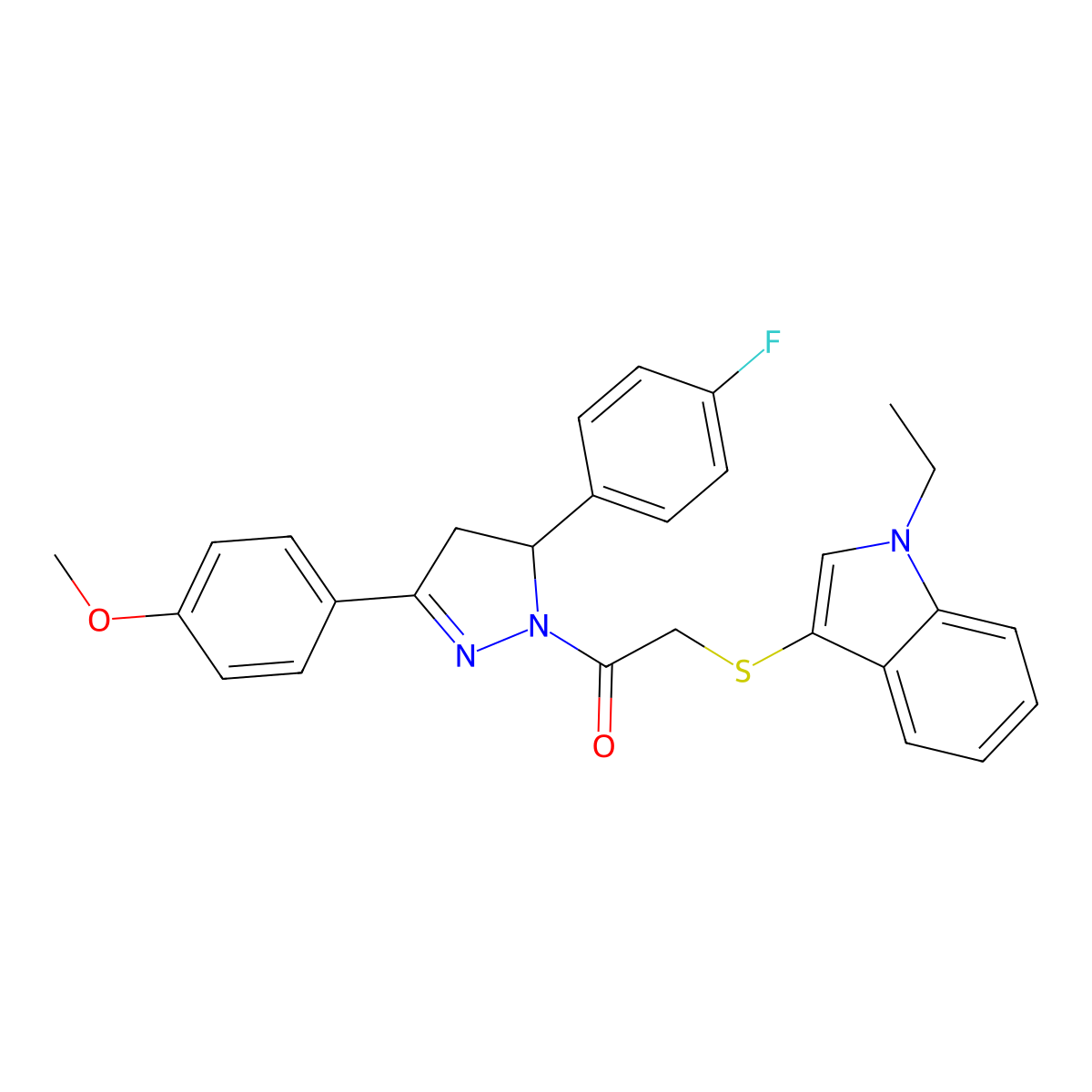 2-(1-Ethylindol-3-yl)sulfanyl-1-[3-(4-fluorophenyl)-5-(4-methoxyphenyl)-3,4-dihydropyrazol-2-yl]ethanone molecular structure, CAS 681216-97-7