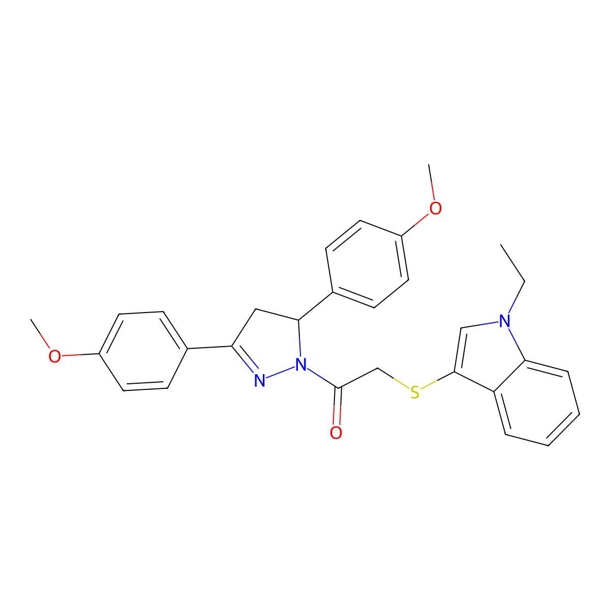 1-[3,5-Bis(4-methoxyphenyl)-3,4-dihydropyrazol-2-yl]-2-(1-ethylindol-3-yl)sulfanylethanone molecular structure, CAS 681216-98-8