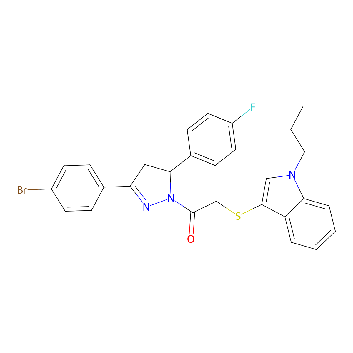 1-(3-(4-bromophenyl)-5-(4-fluorophenyl)-4,5-dihydro-1H-pyrazol-1-yl)-2-((1-propyl-1H-indol-3-yl)thio)ethanone molecular structure, CAS 681217-04-9