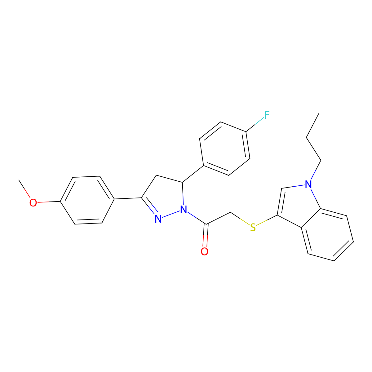 1-(5-(4-fluorophenyl)-3-(4-methoxyphenyl)-4,5-dihydro-1H-pyrazol-1-yl)-2-((1-propyl-1H-indol-3-yl)thio)ethanone molecular structure, CAS 681217-07-2