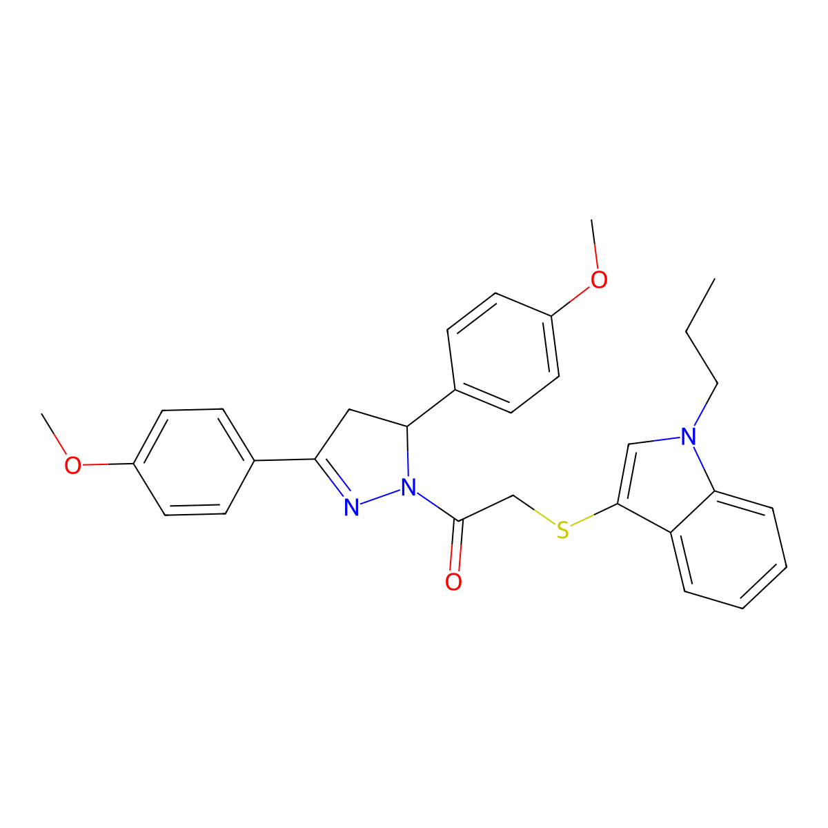 1-(3,5-bis(4-methoxyphenyl)-4,5-dihydro-1H-pyrazol-1-yl)-2-((1-propyl-1H-indol-3-yl)thio)ethanone molecular structure, CAS 681217-09-4