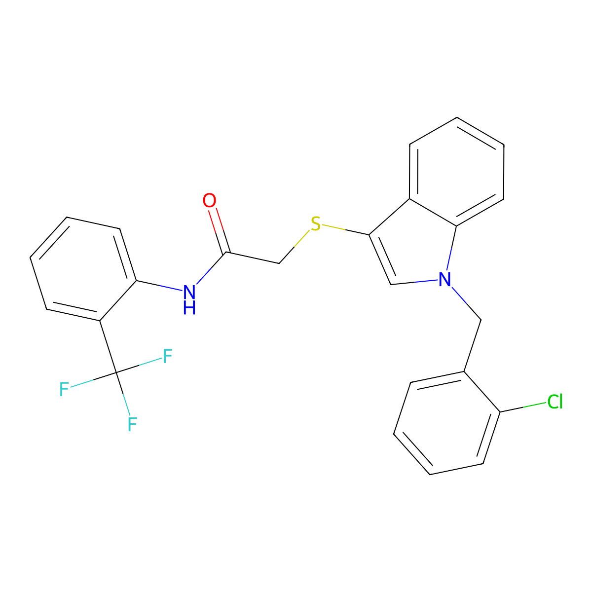 2-[1-[(2-chlorophenyl)methyl]indol-3-yl]sulfanyl-N-[2-(trifluoromethyl)phenyl]acetamide molecular structure, CAS 681217-27-6