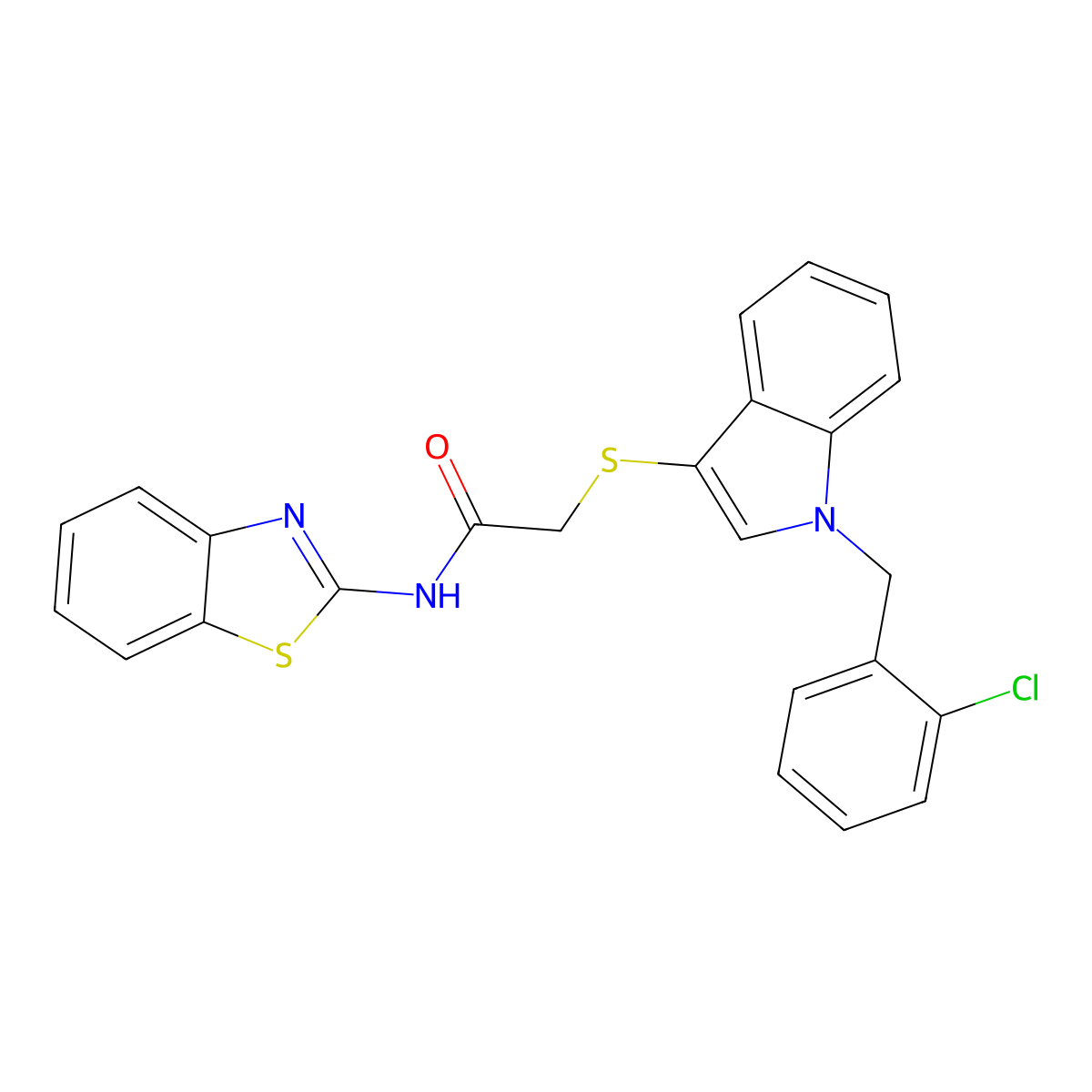 N-(benzo[d]thiazol-2-yl)-2-((1-(2-chlorobenzyl)-1H-indol-3-yl)thio)acetamide molecular structure, CAS 681217-33-4