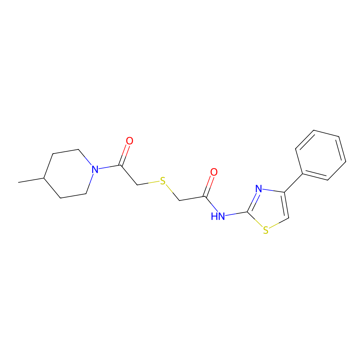 2-((2-(4-methylpiperidin-1-yl)-2-oxoethyl)thio)-N-(4-phenylthiazol-2-yl)acetamide molecular structure, CAS 681222-15-1