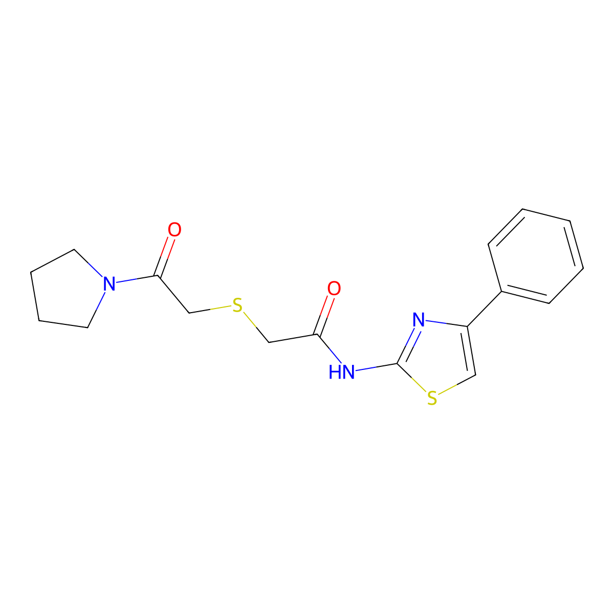 2-((2-oxo-2-(pyrrolidin-1-yl)ethyl)thio)-N-(4-phenylthiazol-2-yl)acetamide molecular structure, CAS 681222-17-3