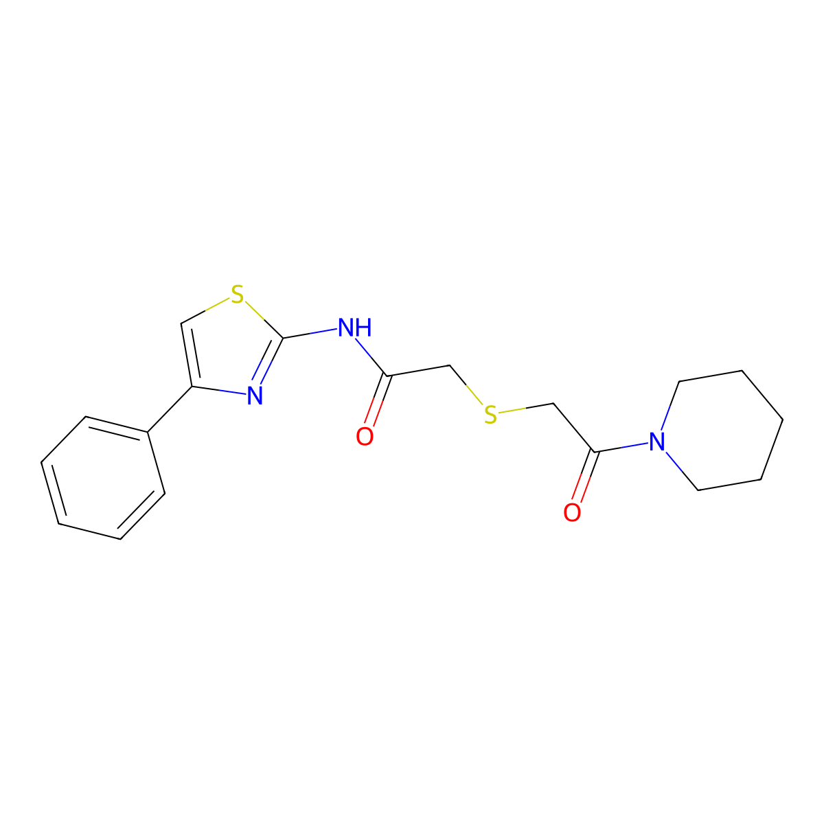 2-((2-oxo-2-(piperidin-1-yl)ethyl)thio)-N-(4-phenylthiazol-2-yl)acetamide molecular structure, CAS 681222-18-4
