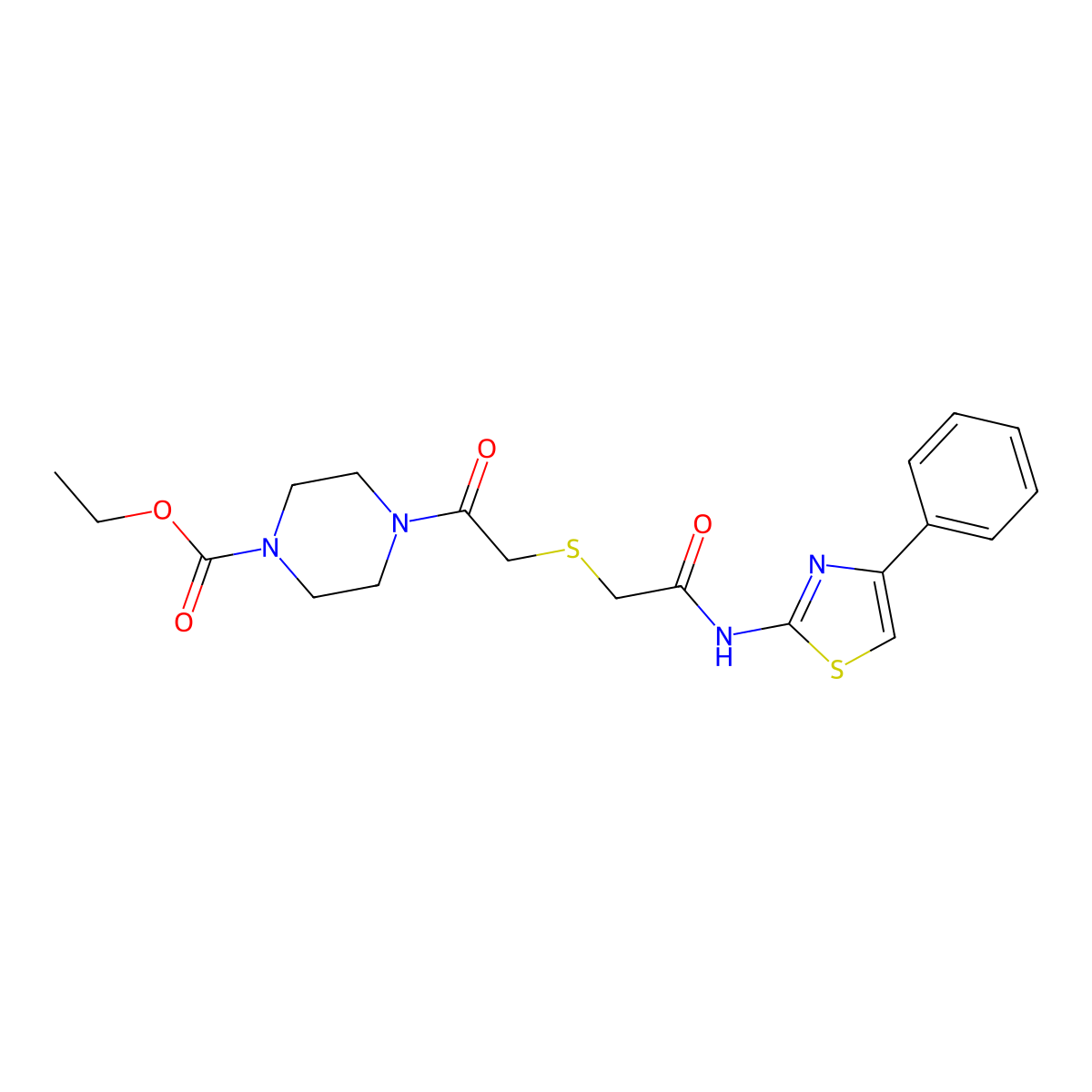 Ethyl 4-(2-((2-oxo-2-((4-phenylthiazol-2-yl)amino)ethyl)thio)acetyl)piperazine-1-carboxylate molecular structure, CAS 681222-21-9