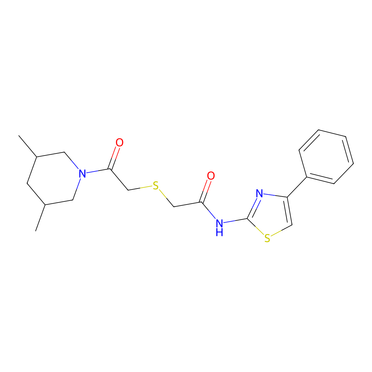 2-((2-(3,5-dimethylpiperidin-1-yl)-2-oxoethyl)thio)-N-(4-phenylthiazol-2-yl)acetamide molecular structure, CAS 681222-25-3