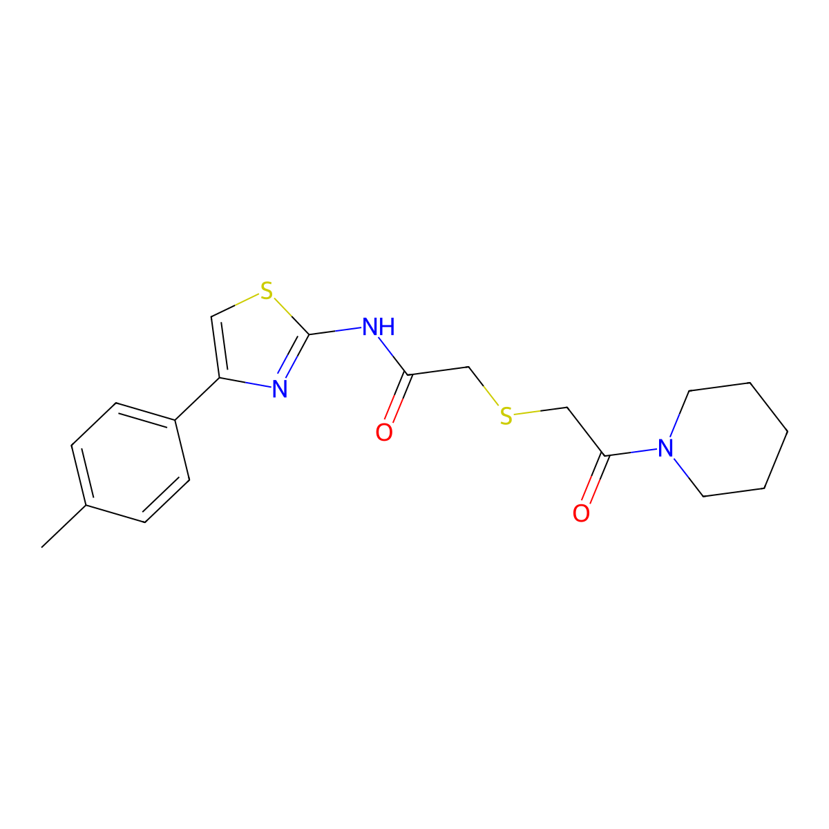 2-((2-oxo-2-(piperidin-1-yl)ethyl)thio)-N-(4-(p-tolyl)thiazol-2-yl)acetamide molecular structure, CAS 681222-32-2
